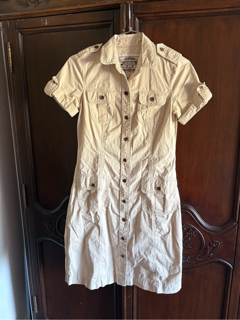 Vtg 80s Banana Republic Safari Dress One Harrison St Tag Khaki Cotton size 6